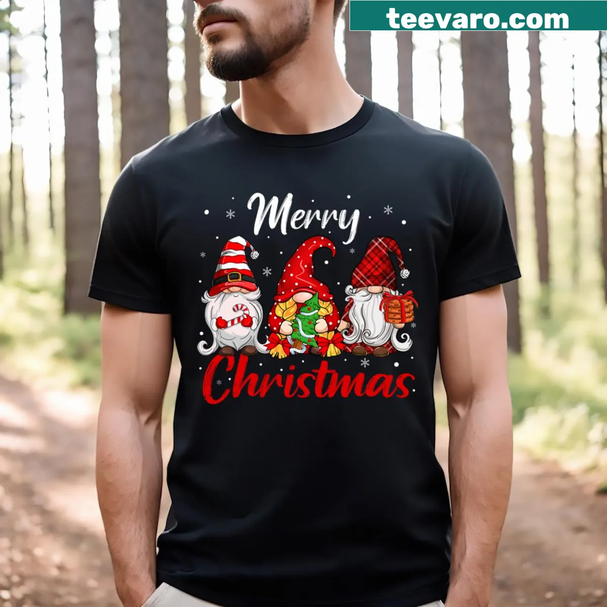 Gnomes Merry Christmas t-shirt for men with festive design — on a men's t-shirt