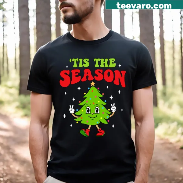 Retro Christmas tree design T-shirt with groovy text.