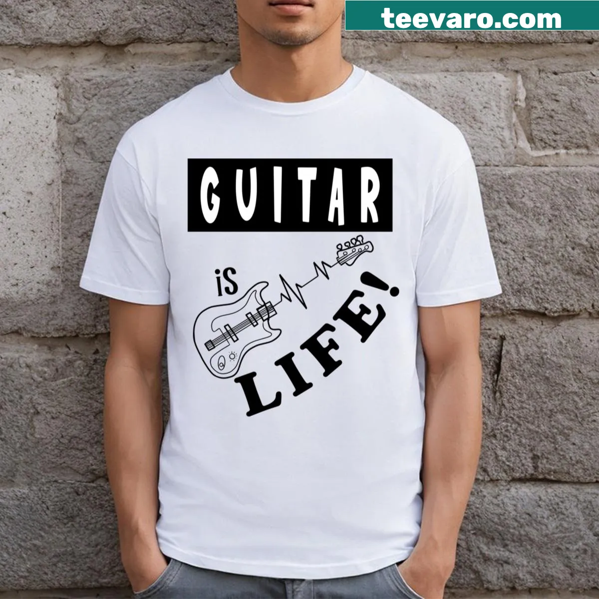Typographic design stating 'Guitar Is Life' for musicians and guitar enthusiasts — on a men's t-shirt