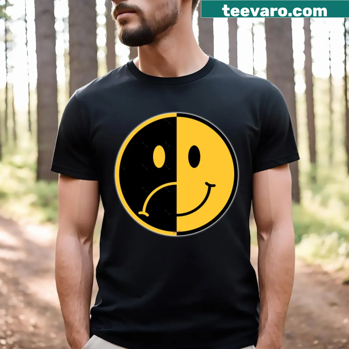 Yin-yang graphic representing happiness and sadness in a thoughtful design — on a men's t-shirt