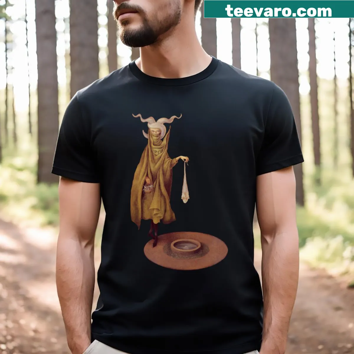 Graphic tee featuring artwork inspired by Remedios Varo of a woman leaving a psychoanalyst — on a men's t-shirt