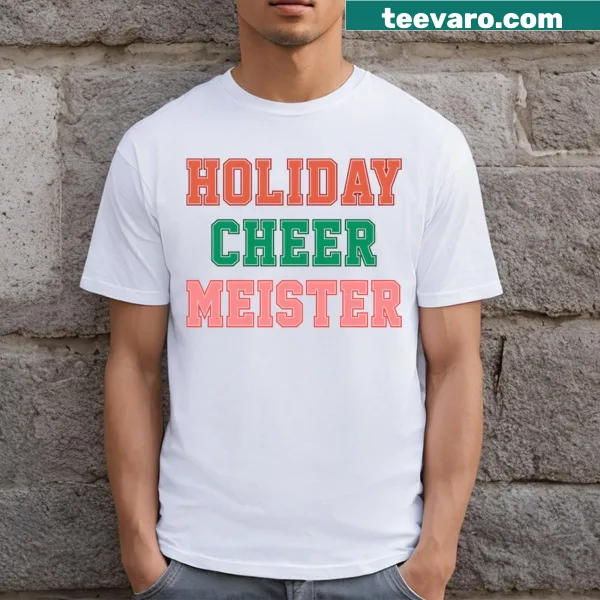Varsity-style holiday cheer T-shirt with playful lettering