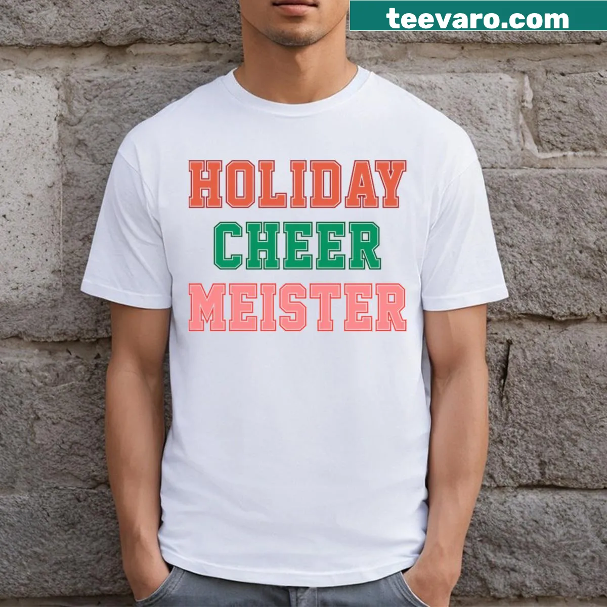 Varsity-style holiday cheer T-shirt with playful lettering — on a men's t-shirt