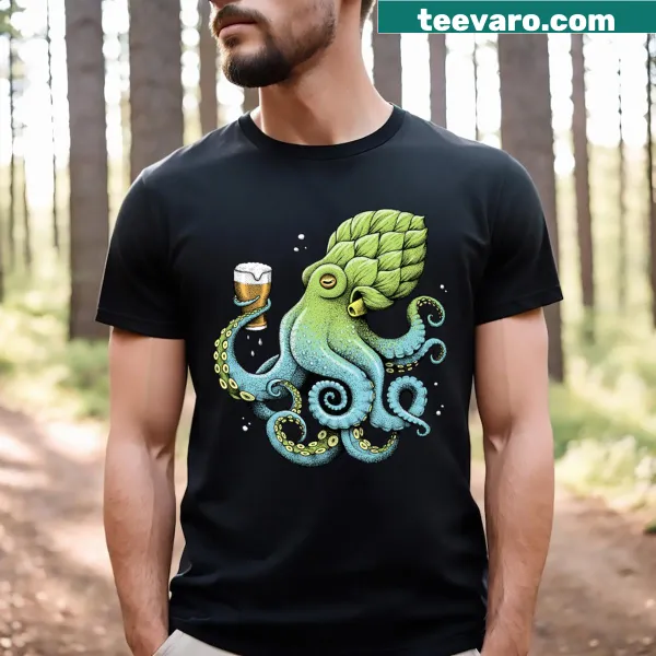 Illustration of an octopus drinking beer on a T-shirt