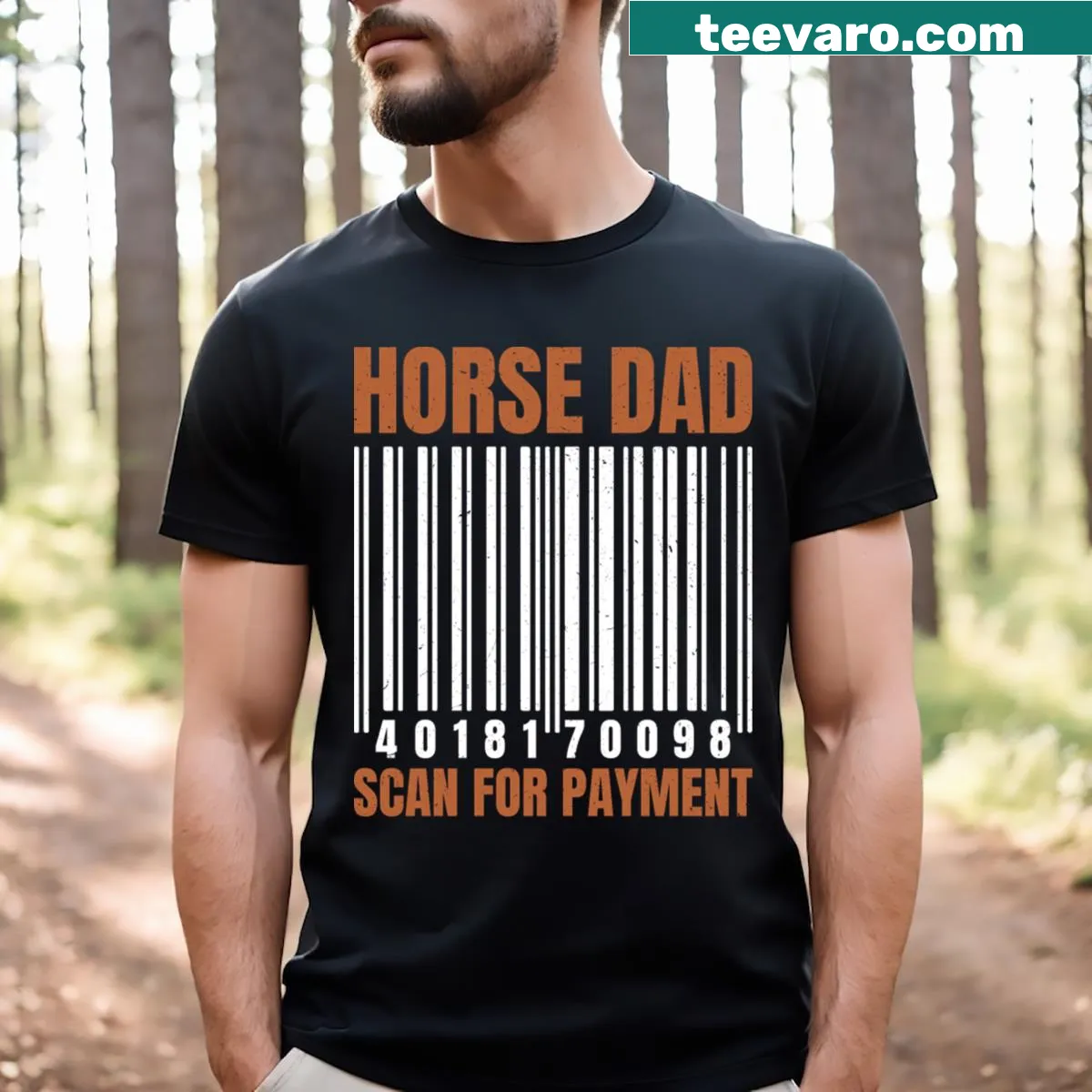 Funny t-shirt for horse dads featuring a humorous payment scan design — on a men's t-shirt