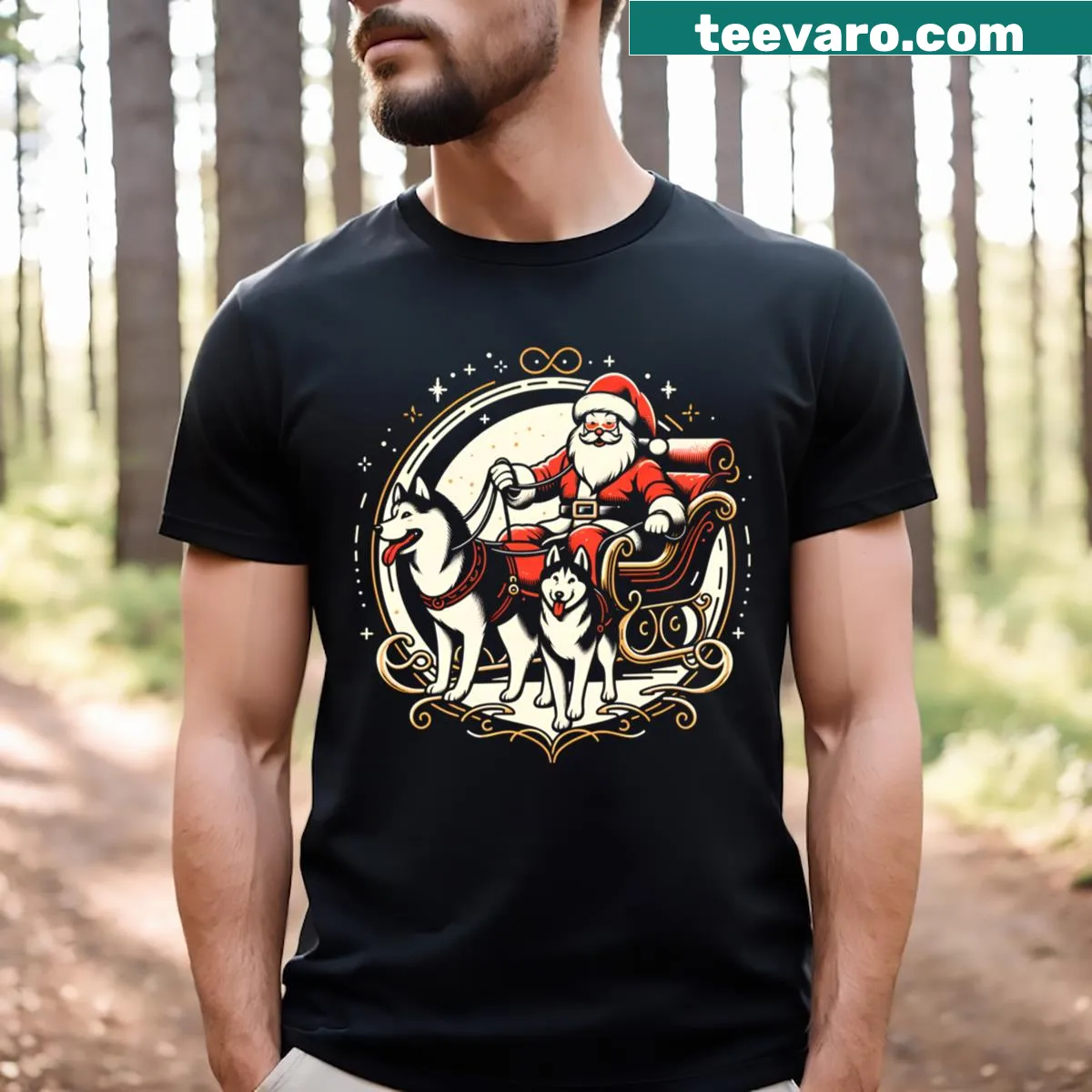 Husky dog in Santa hat graphic t-shirt for Christmas — on a men's t-shirt