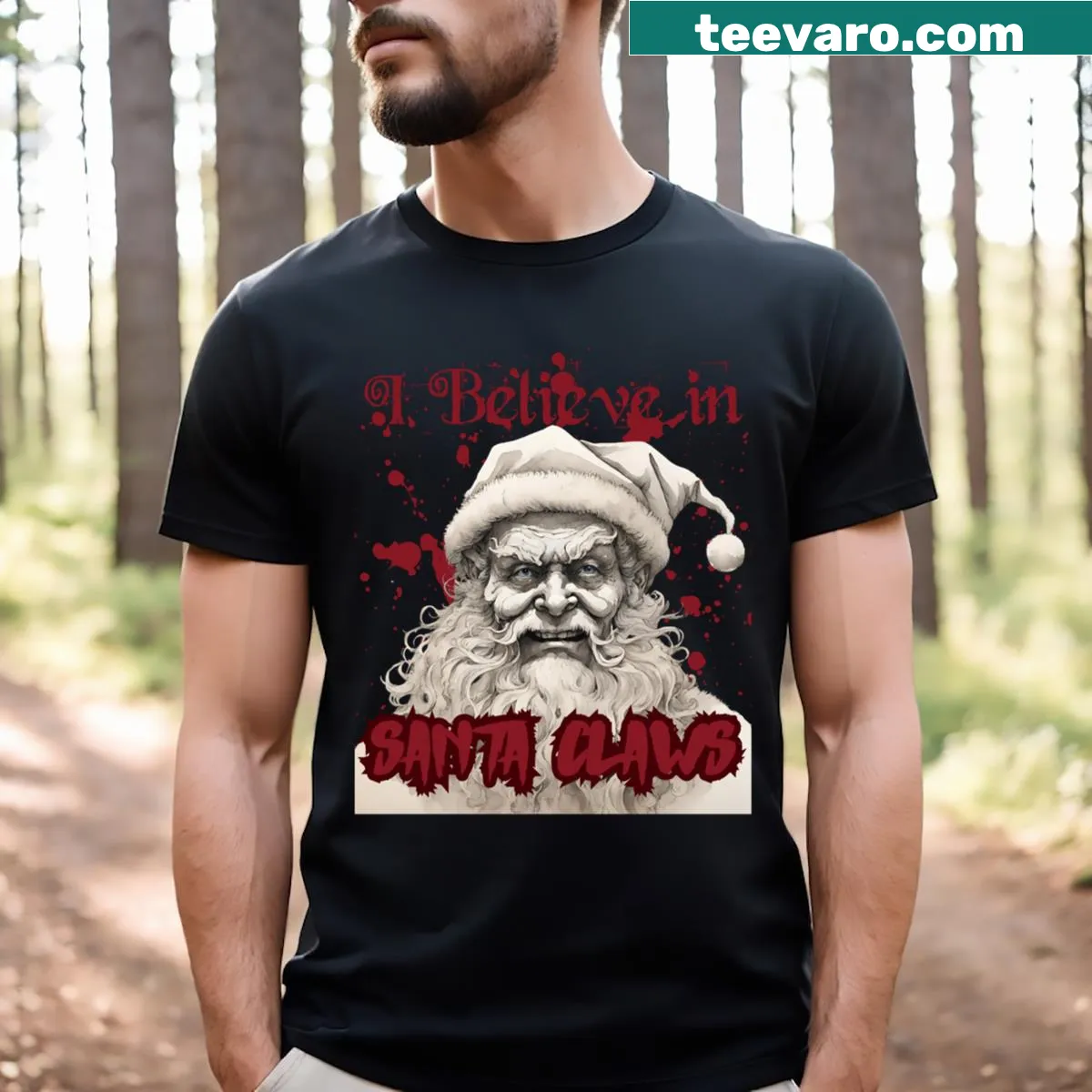 T-shirt with the phrase I Believe In Santa Claws — on a men's t-shirt