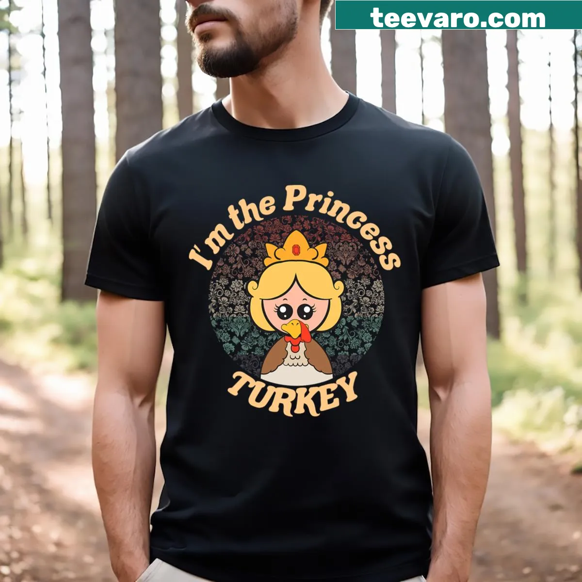Cartoon T-shirt with a turkey princess for Thanksgiving kids' wear — on a men's t-shirt