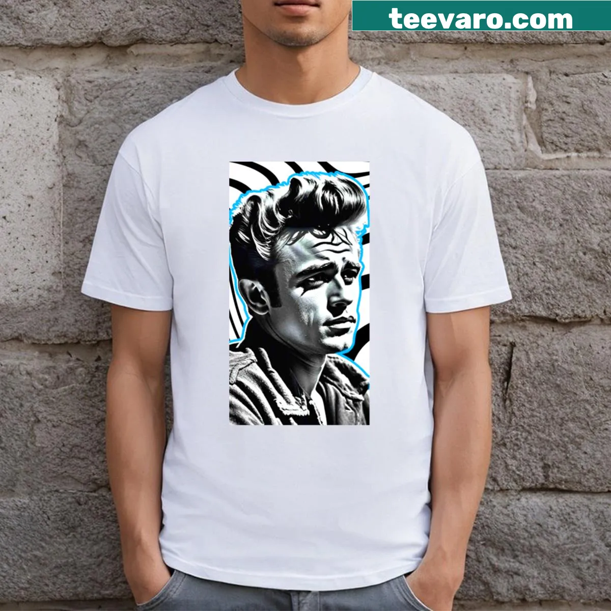 Abstract James Dean t-shirt with blue border design — on a men's t-shirt
