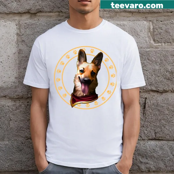 Illustration of a joyful pup in scarlet accents on a t-shirt