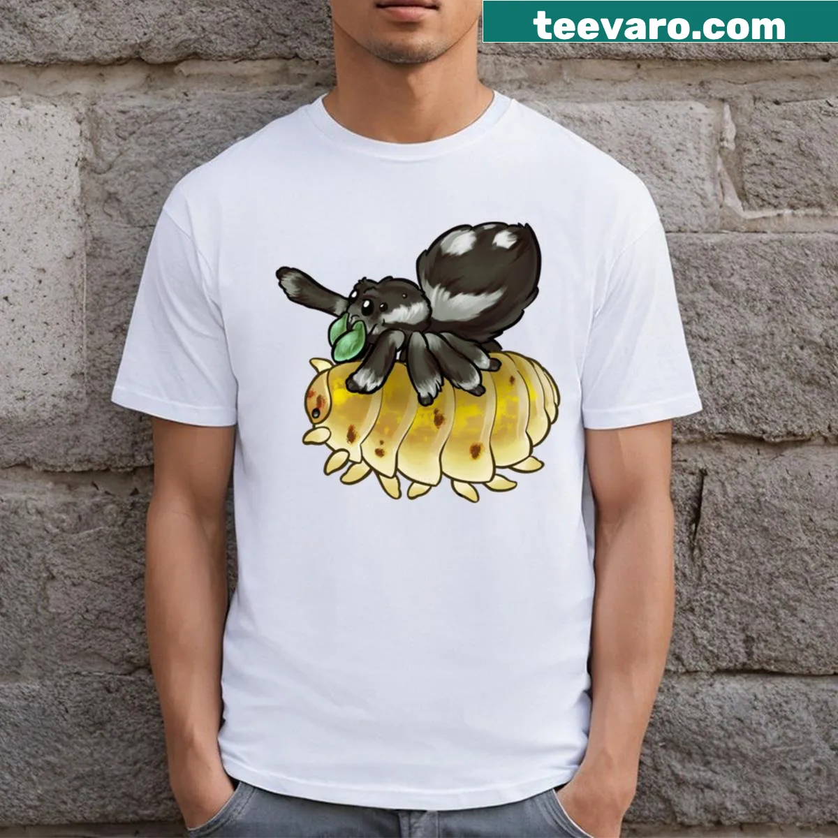 Illustration of a jumping spider and isopod on a t-shirt — on a men's t-shirt