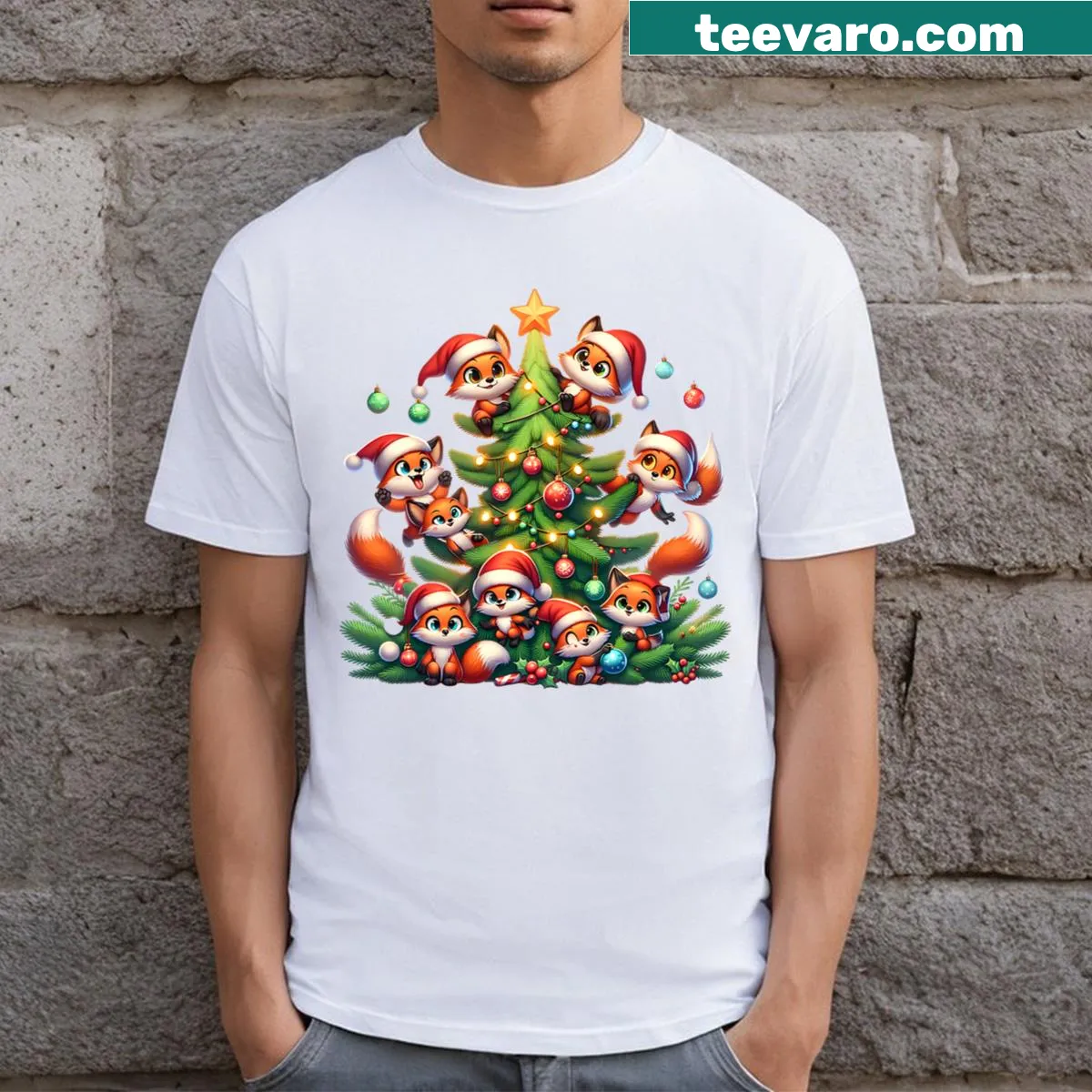 Cute cartoon fox among a Christmas tree on a T-shirt — on a men's t-shirt