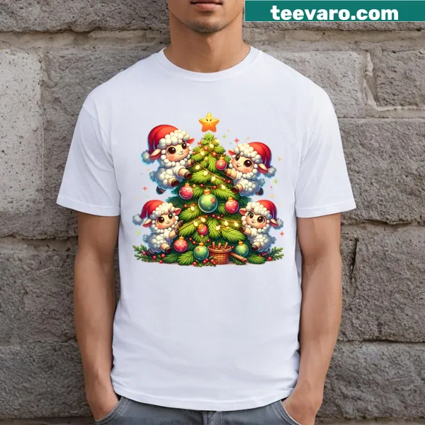 Cartoon sheep around a Christmas tree in kawaii style
