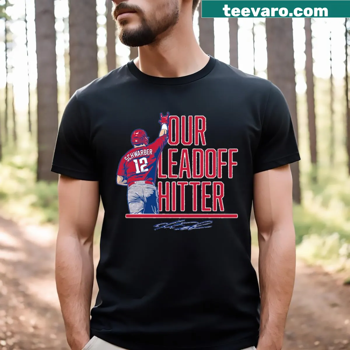 Kyle Schwarber T-shirt with bold leadoff hitter graphic — on a men's t-shirt