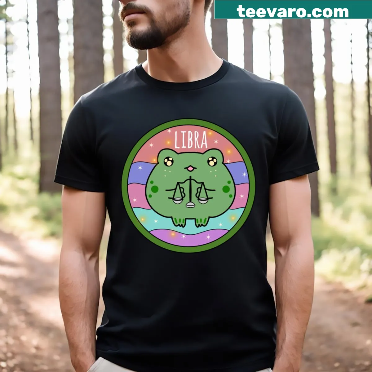 Cartoon frog design representing the Libra zodiac sign — on a men's t-shirt