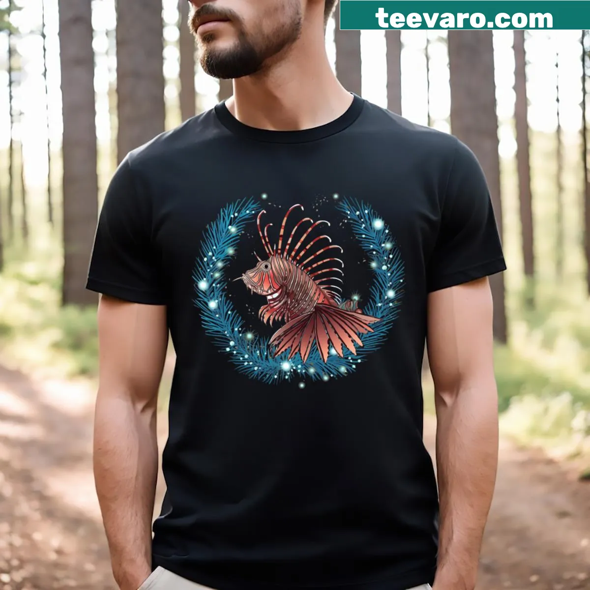 Illustrated T-shirt featuring a lionfish in a holiday ornament — on a men's t-shirt