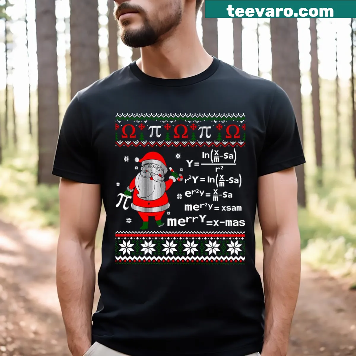 Humorous holiday T-shirt for math teachers featuring Santa and equations — on a men's t-shirt