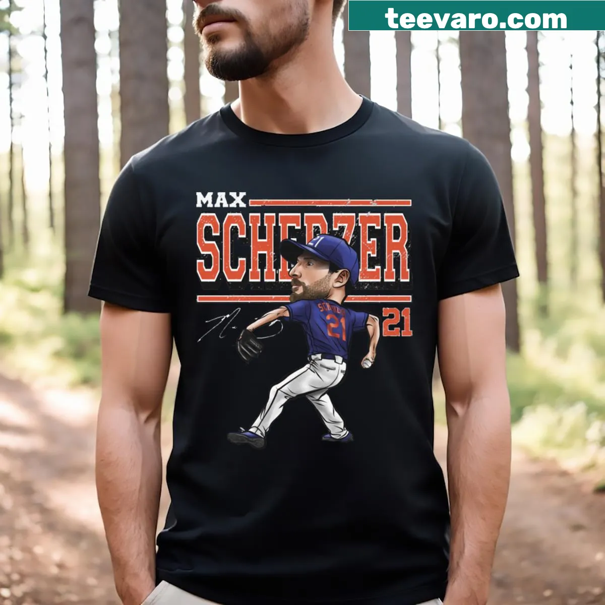 Cartoon-style Max Scherzer t-shirt representing New York baseball — on a men's t-shirt