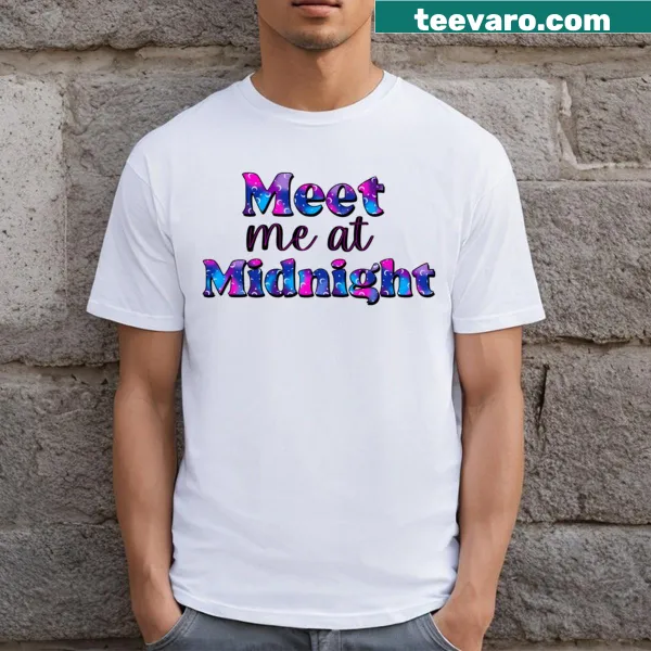 Minimalist typography t-shirt with the phrase 'Meet Me At Midnight'