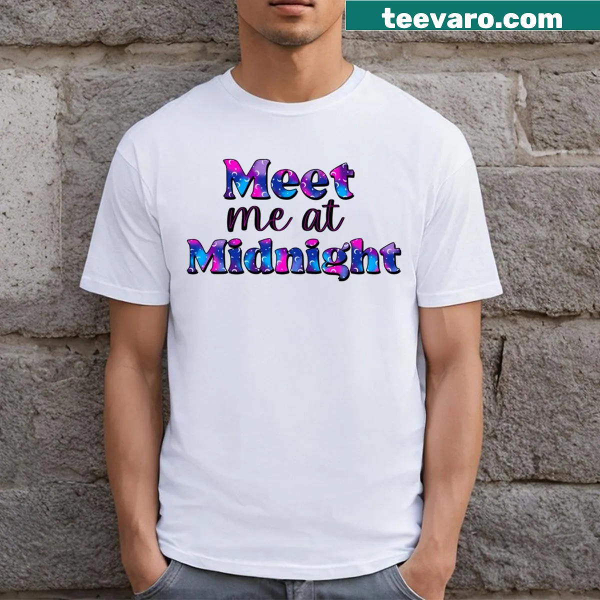 Minimalist typography t-shirt with the phrase 'Meet Me At Midnight' — on a men's t-shirt