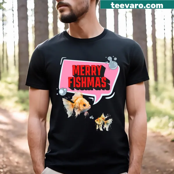 Whimsical Christmas t-shirt with a goldfish and festive bubbles