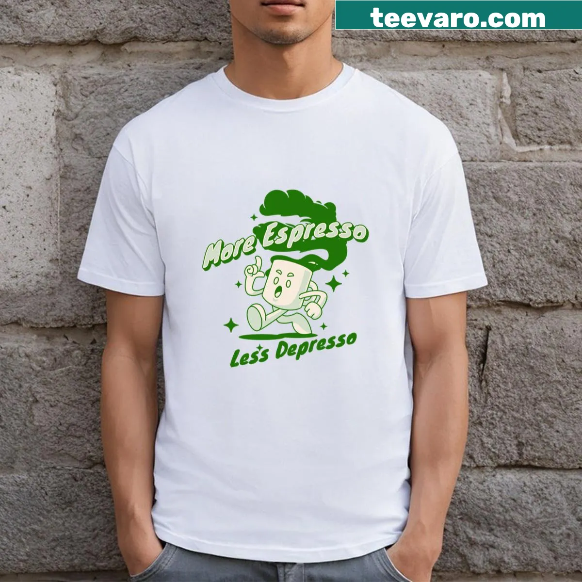 Retro design t-shirt with 'More Espresso Less Depresso' text — on a men's t-shirt
