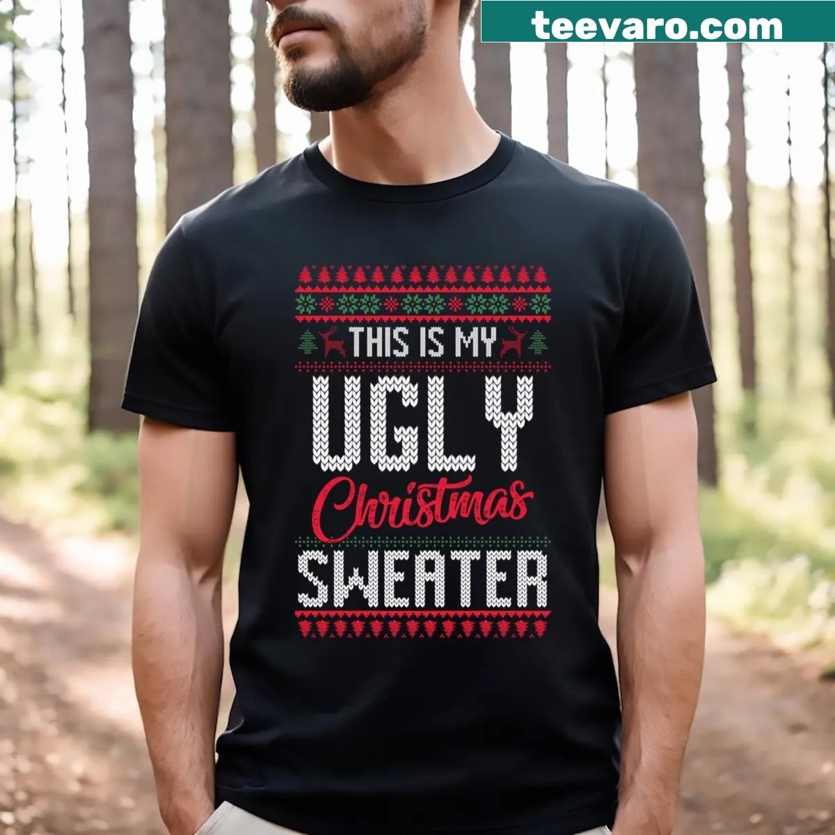 Humorous Christmas T-shirt celebrating ugly sweater theme — on a men's t-shirt