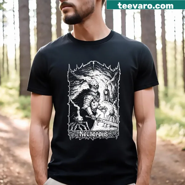 Distressed t-shirt featuring a Necropolis design in white ink