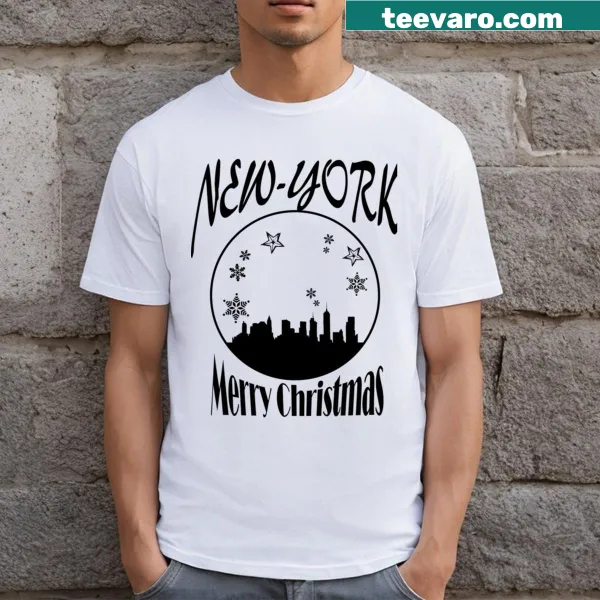 Illustrated New York City Christmas T-shirt featuring iconic landmarks
