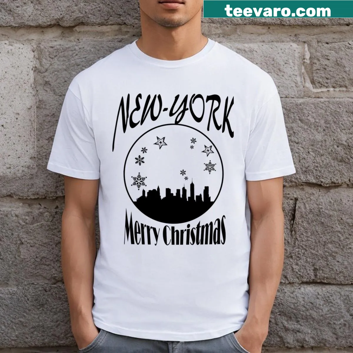 Illustrated New York City Christmas T-shirt featuring iconic landmarks — on a men's t-shirt
