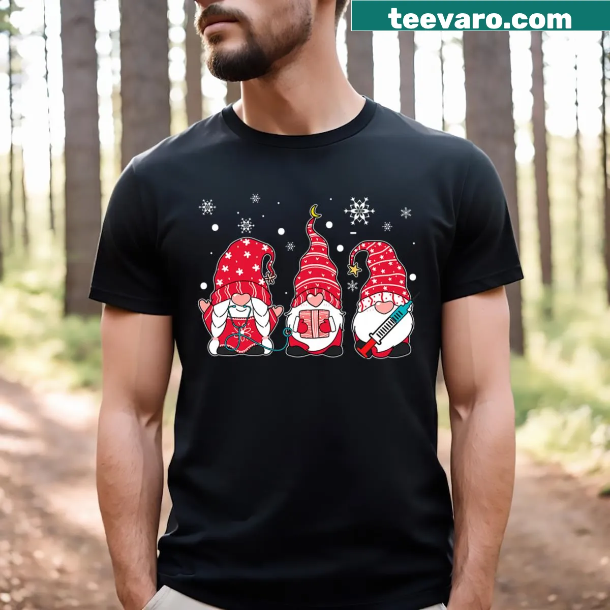 Cute T-shirt featuring Christmas gnomes in nurse outfits for medical staff — on a men's t-shirt