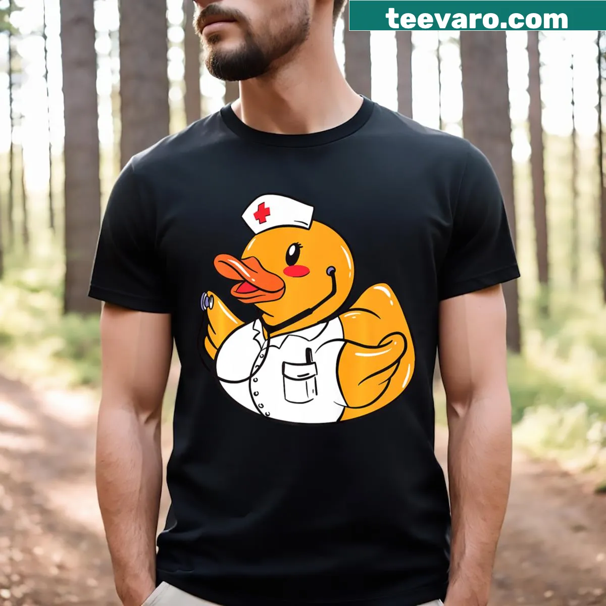 Humorous cartoon nurse rubber duck T-shirt design — on a men's t-shirt
