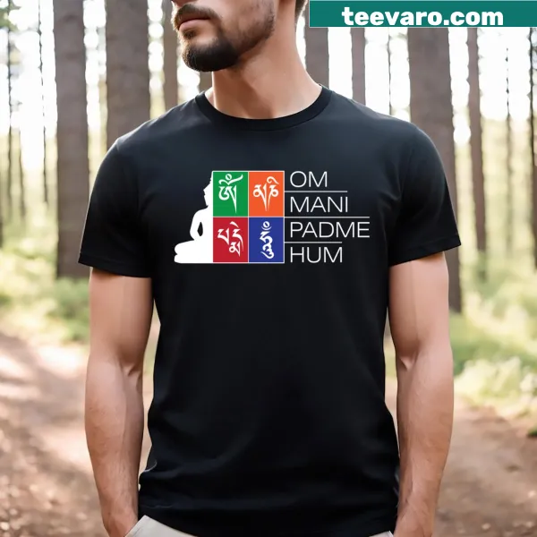 T-shirt featuring the Om Mani Padme Hum mantra in beautiful typography