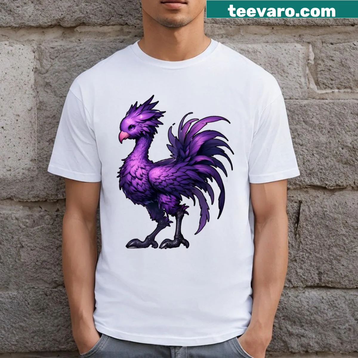 Cartoon Chocobo design T-shirt in playful style — on a men's t-shirt