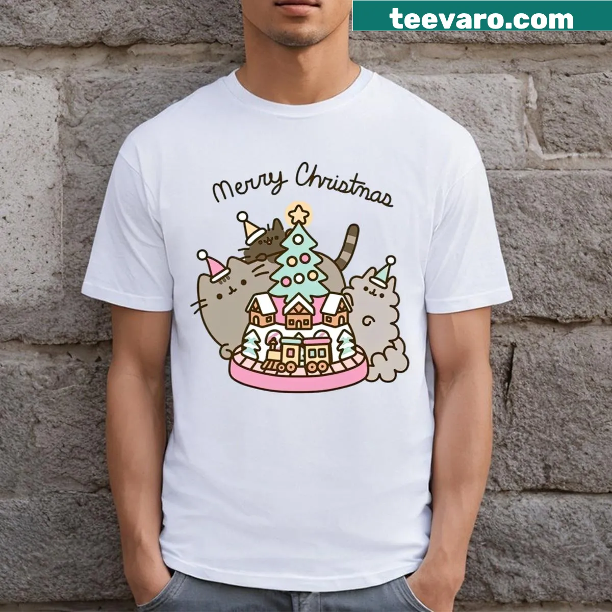 Adorable Pusheen cartoon cat design T-shirt — on a men's t-shirt