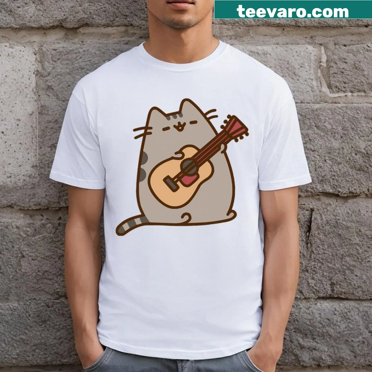 Pusheen cat playing guitar cartoon design T-shirt — on a men's t-shirt