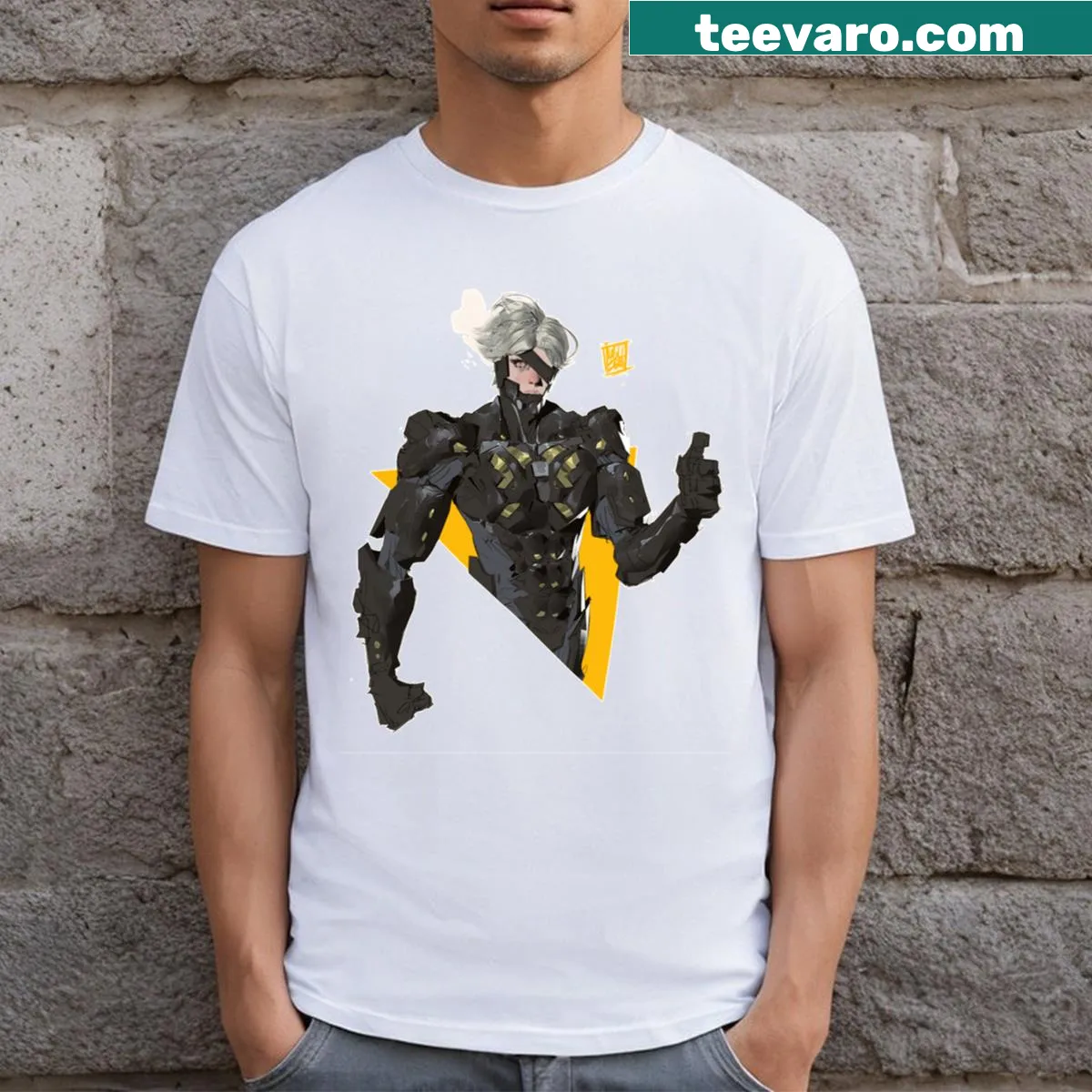 Long T-shirt with a graphic of Raiden from a popular video game. — on a men's t-shirt