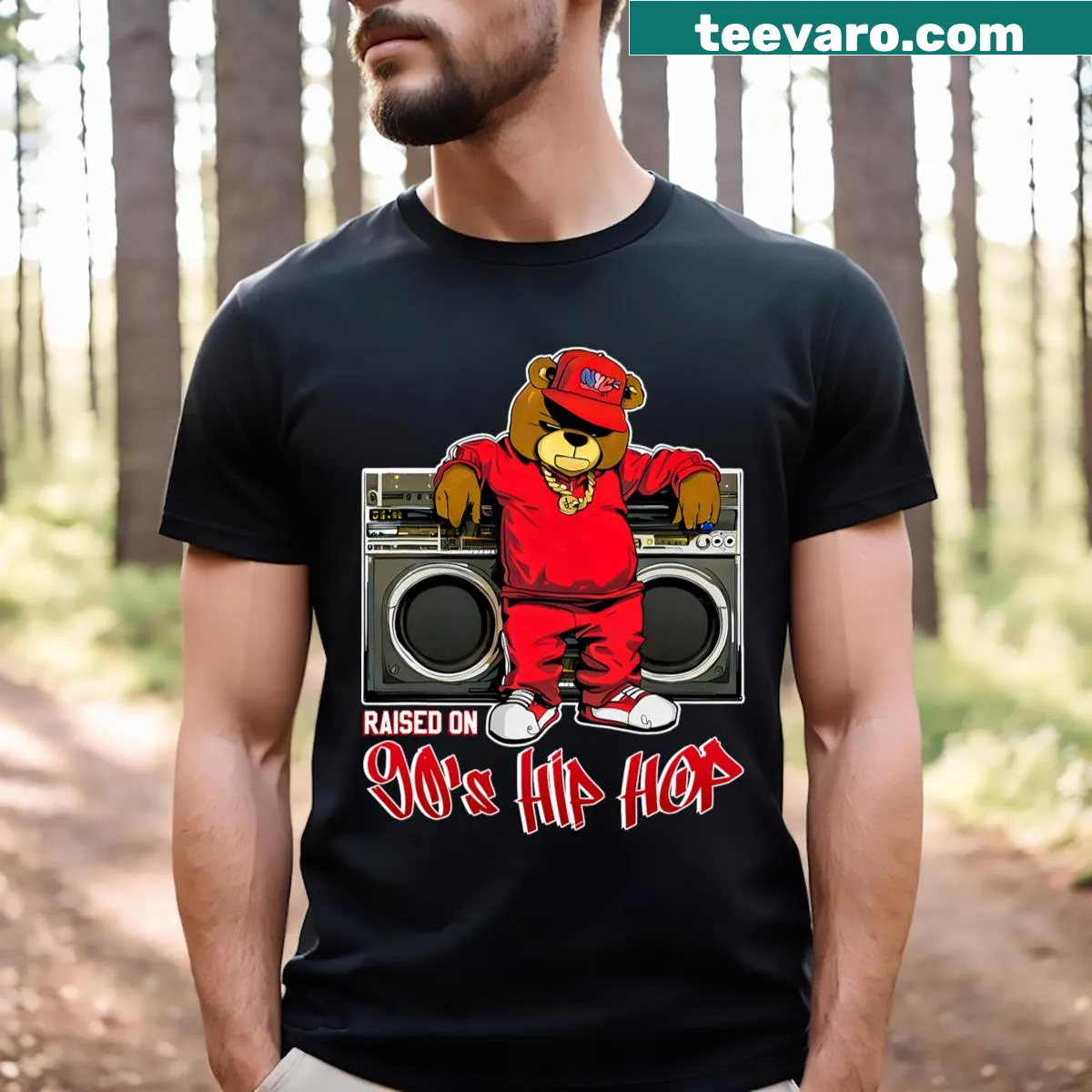 Cartoon teddy bear T-shirt with a graffiti and rap theme — on a men's t-shirt