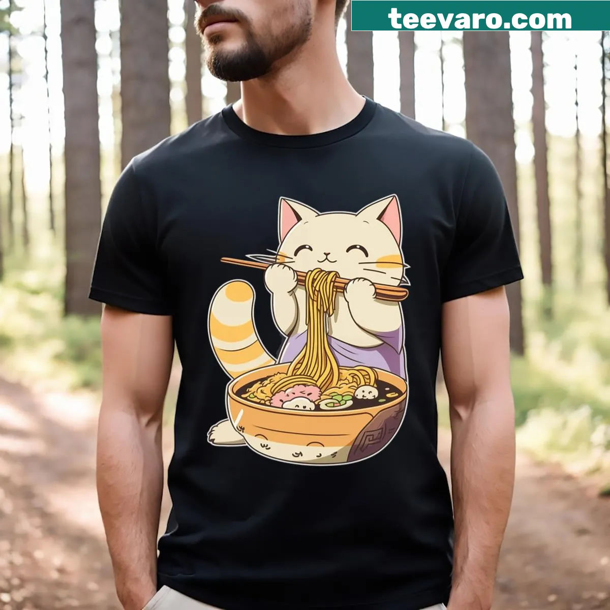 Cute illustration of a cat with ramen on a kawaii T-shirt — on a men's t-shirt