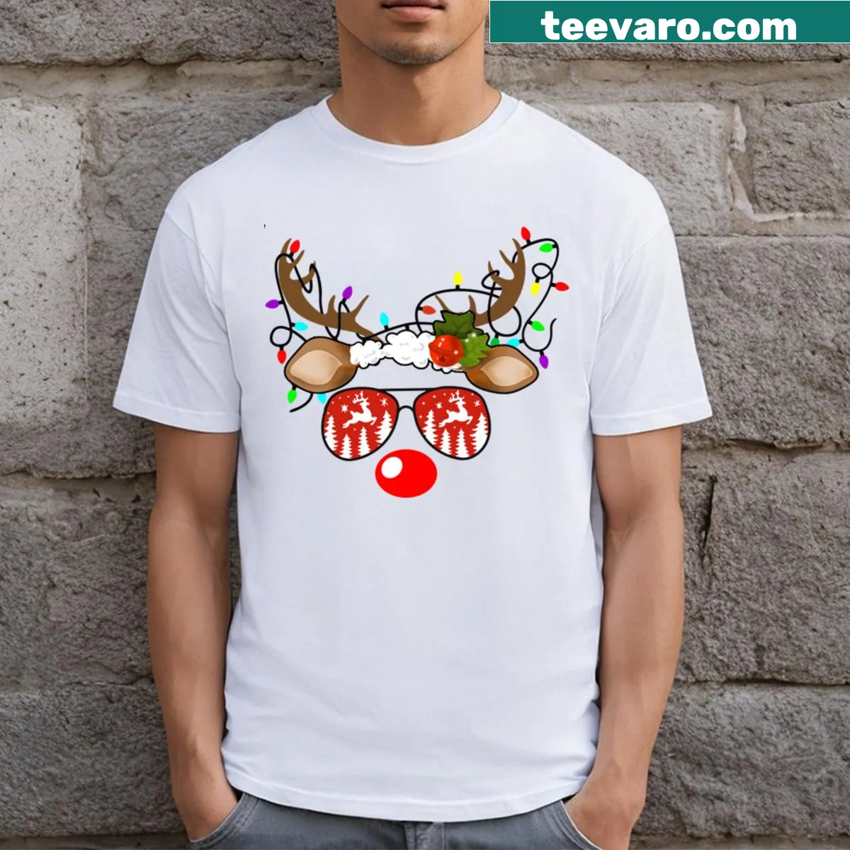 Cute cartoon reindeer face T-shirt with glasses for Christmas — on a men's t-shirt
