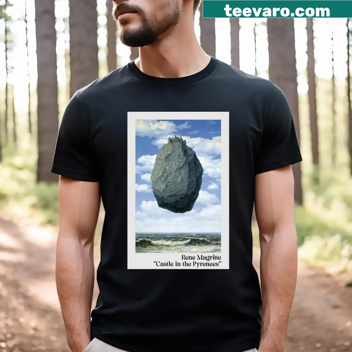 T-shirt featuring illustrations inspired by Rene Magritte's art — on a men's t-shirt