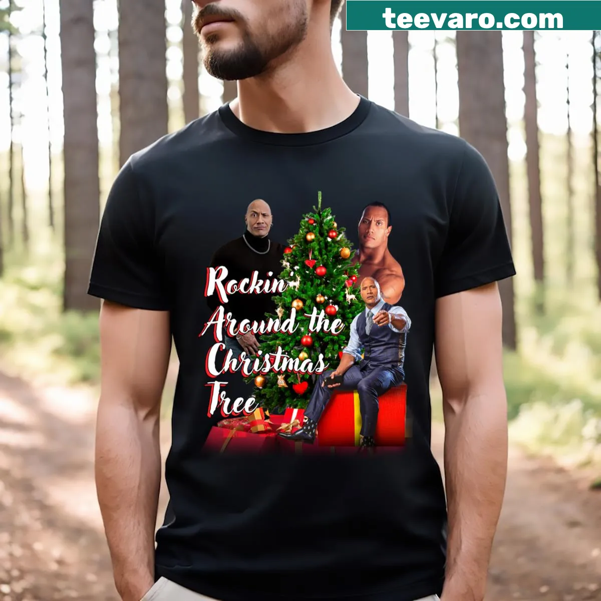 Witty text T-shirt saying 'Rockin Around' for music lovers — on a men's t-shirt