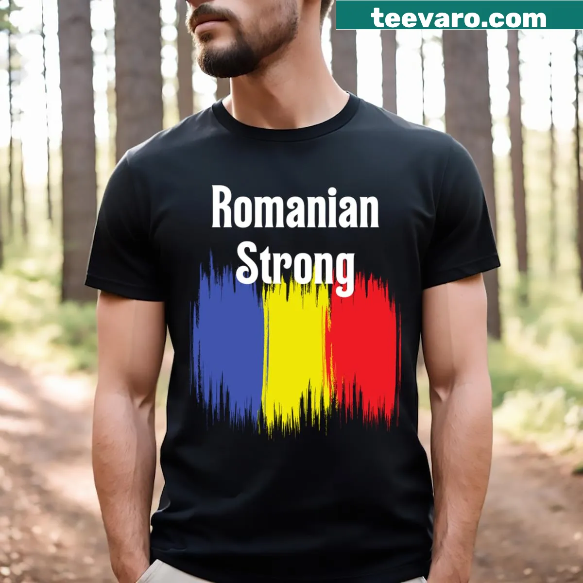 Proud Romanian country pride T-shirt with bold text — on a men's t-shirt