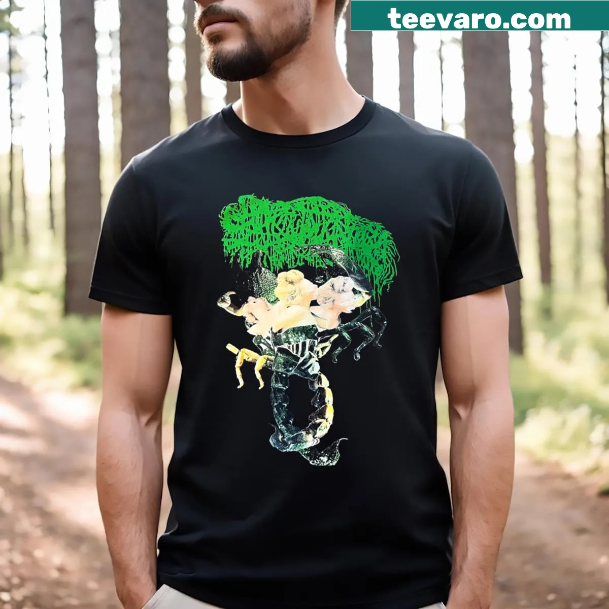 Cartoon style music themed t-shirt with Sanguisugabogg graphic — on a men's t-shirt