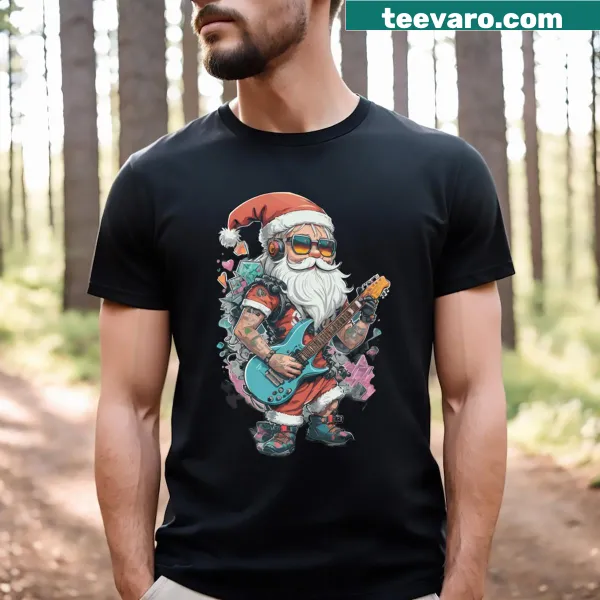Rock n' roll Santa Claus design on a Christmas-themed T-shirt