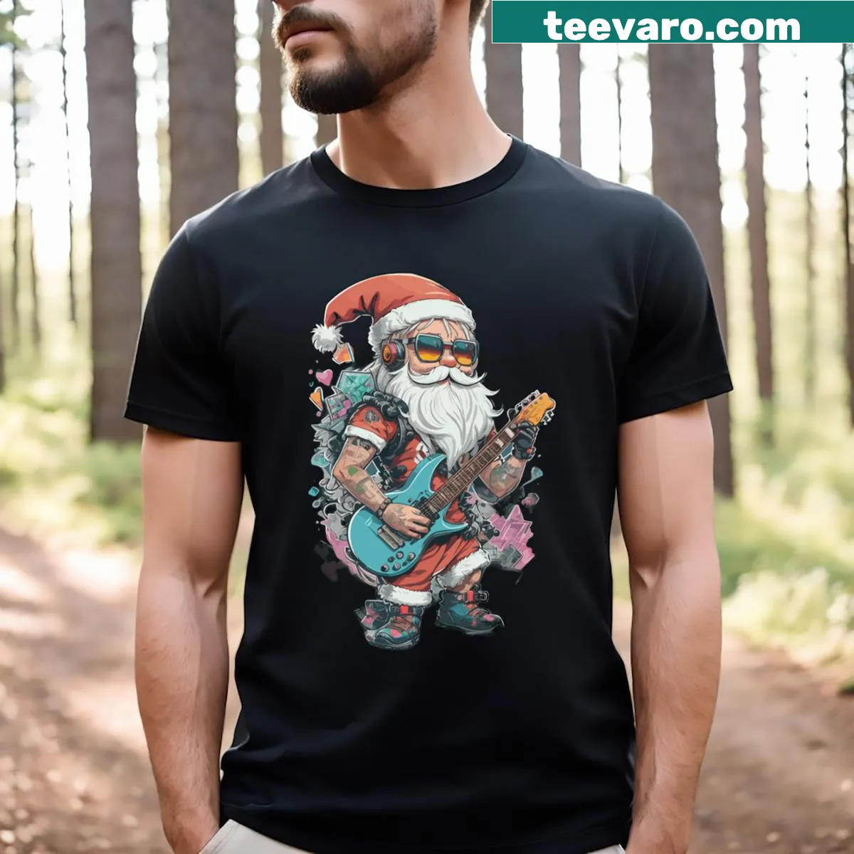 Rock n' roll Santa Claus design on a Christmas-themed T-shirt — on a men's t-shirt