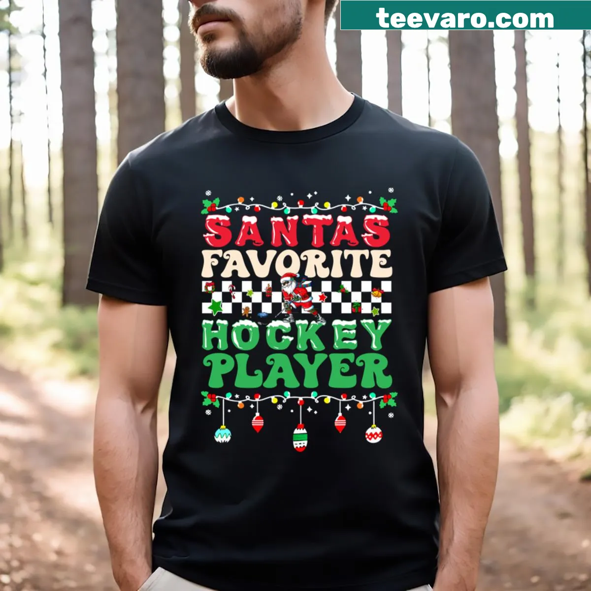 Santa in hockey gear with a stick, festive t-shirt design — on a men's t-shirt