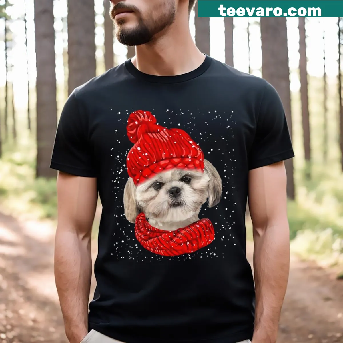Cute Shih Tzu in winter attire on a festive t-shirt — on a men's t-shirt