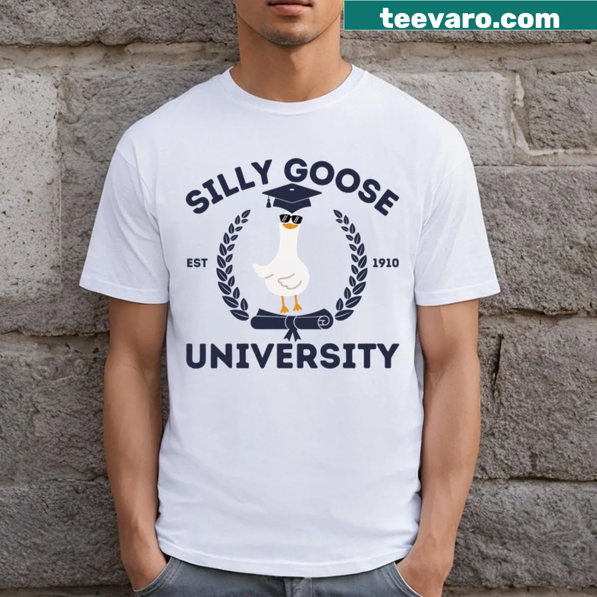 Funny graduation t-shirt with goose design — on a men's t-shirt