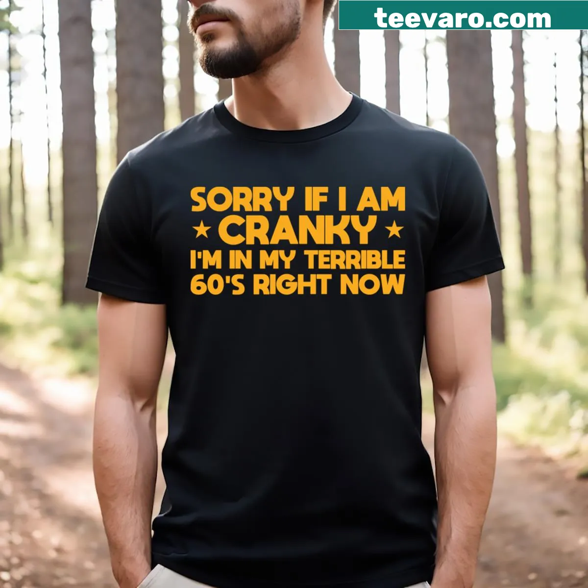 Funny t-shirt about being cranky in your sixties — on a men's t-shirt